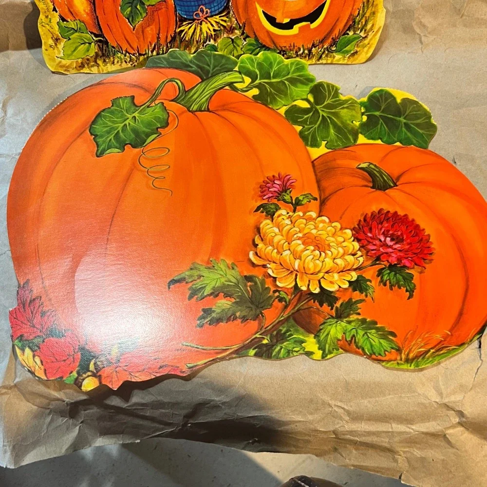 Vintage Halloween Die Cut Decorations Scarecrow Pumpkin Cat Orange Fall Lot 2pc